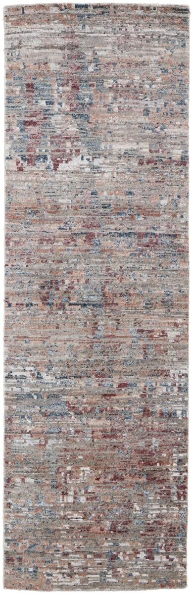 8' Red And Blue Wool Abstract Hand Knotted Runner Rug gallery