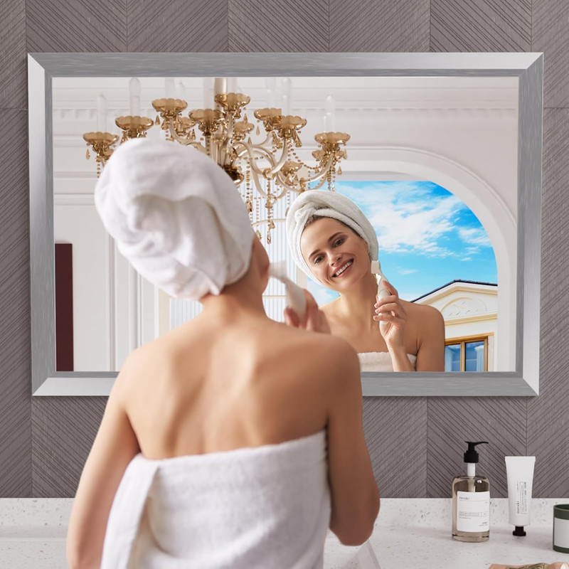 48x32 Inch Silver Bathroom Mirror, Thick Metal Frame, Horizontal/Vertical gallery