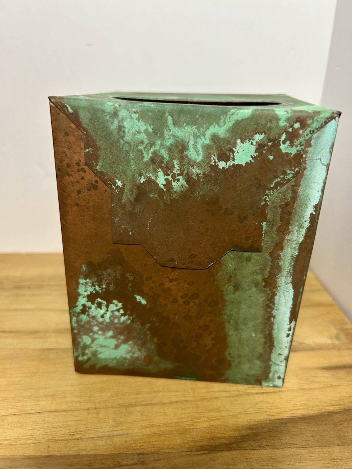 Upright Square DIstressed Rustic Copper Tissue Box Cover Holder with Patina gallery