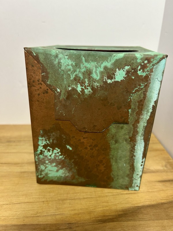 Upright Square DIstressed Rustic Copper Tissue Box Cover Holder with Patina gallery