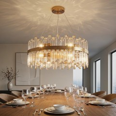 24” Crystal Chandelier 12 Light Modern LED Gold Pendant Ceiling Kitchen Fixture