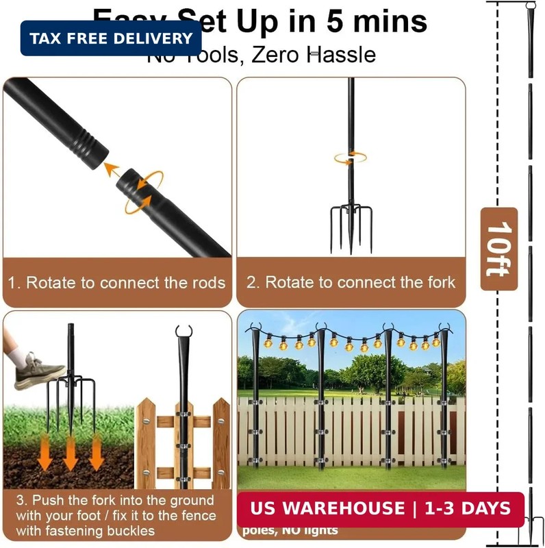 6 Pack String Light Poles for Outside, Upgraded Heavy-Duty Metal Poles for Outdo gallery