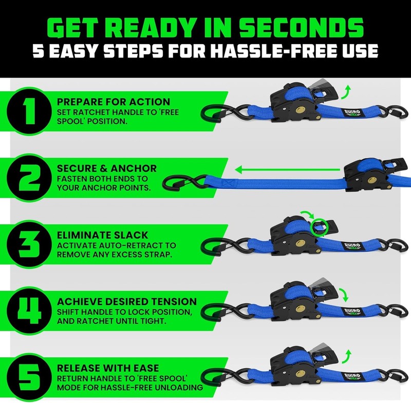 Retractable Ratchet Straps (4-Pack) - 1 Inch x 10 Feet (1,209lb Break Strength) gallery
