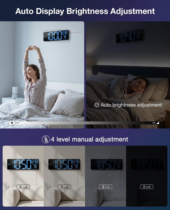 16'' Large Digital LED Wall Clock with Remote Control Dual Alarm 8 RGB Bluetooth gallery