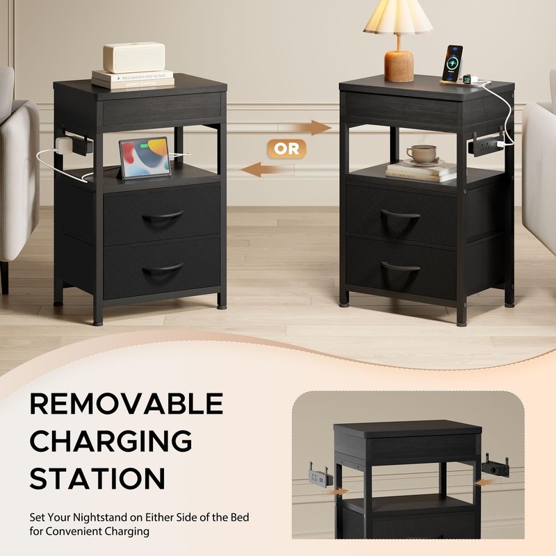 Nightstand Hidden Drawer Charging Table - with Charger Station and Sliding Top gallery