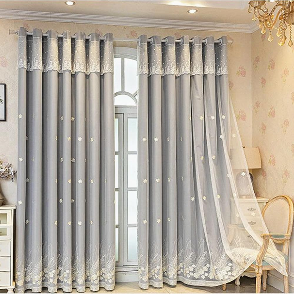 Luxury Floral Embroidered Double Layer Curtains for Girls Room - Grey 54x90 Inch gallery