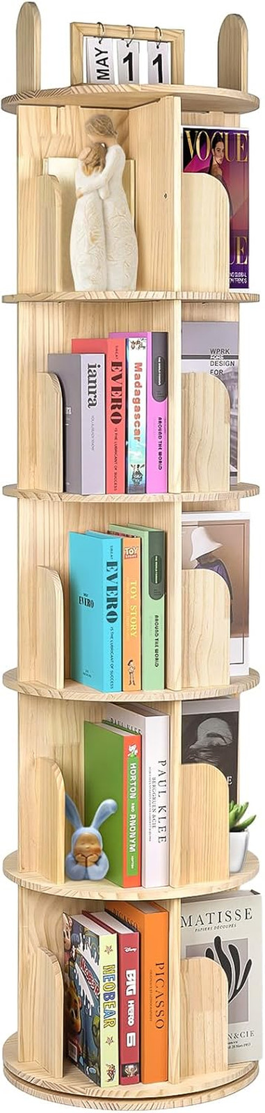 Rotating Bookshelf, Solid Pine Wood Spinning Bookshelf Tower 5 Tier, 360° Revolv gallery