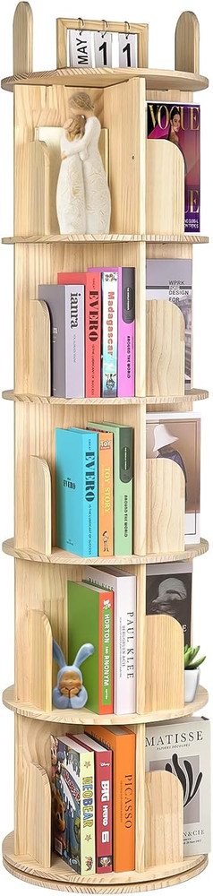Rotating Bookshelf, Solid Pine Wood Spinning Bookshelf Tower 5 Tier, 360° Revolv