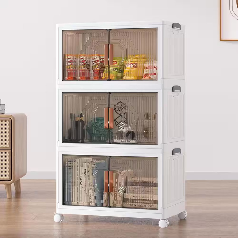 3-Tier Foldable Stackable Accent Storage Cabinet with Wheels, White 16 Gallon Pl gallery