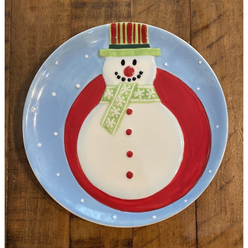 8" Ceramic Plate. Cute Snowman With Hat & Scarf Christmas Dish gallery