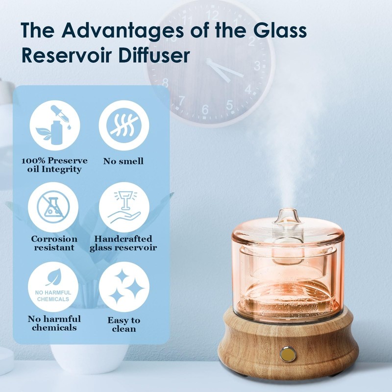 Glass Essential Oil Diffuser, 80ML Small Glass Reservoir Natural Wood Base Ul... gallery