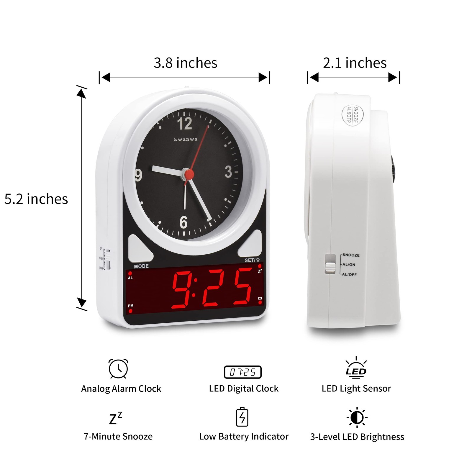 KWANWA 2-in-1 Analog Digital Alarm Clock – Light Sensor LED Display, Snooze, ... gallery