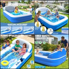 AixPool Inflatable Pool with Sprinkler & Backrest, Kid Kiddie Water Pool 71″