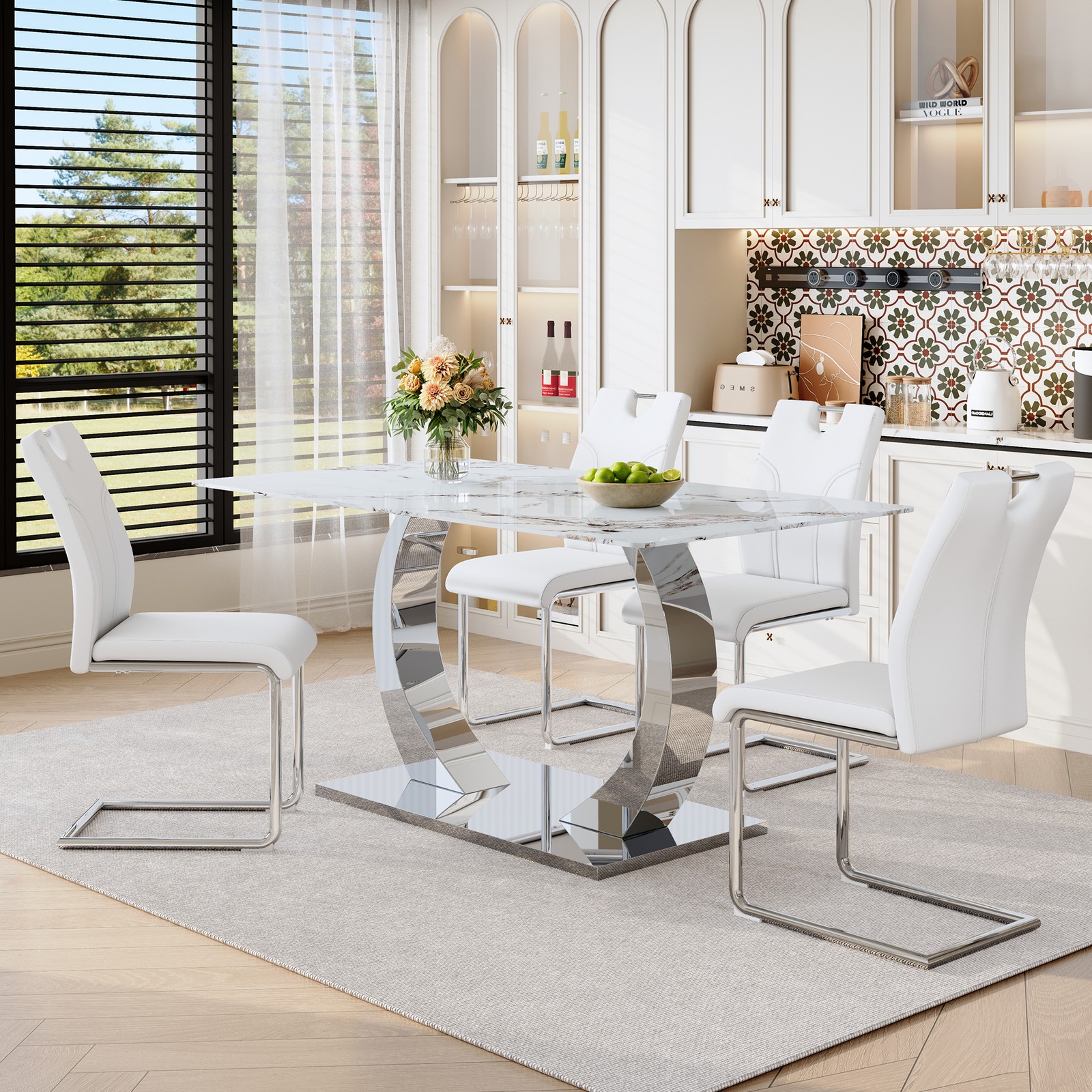 63-inch Dining Table Set with 4 Upholstered Chairs, White Glass Top gallery