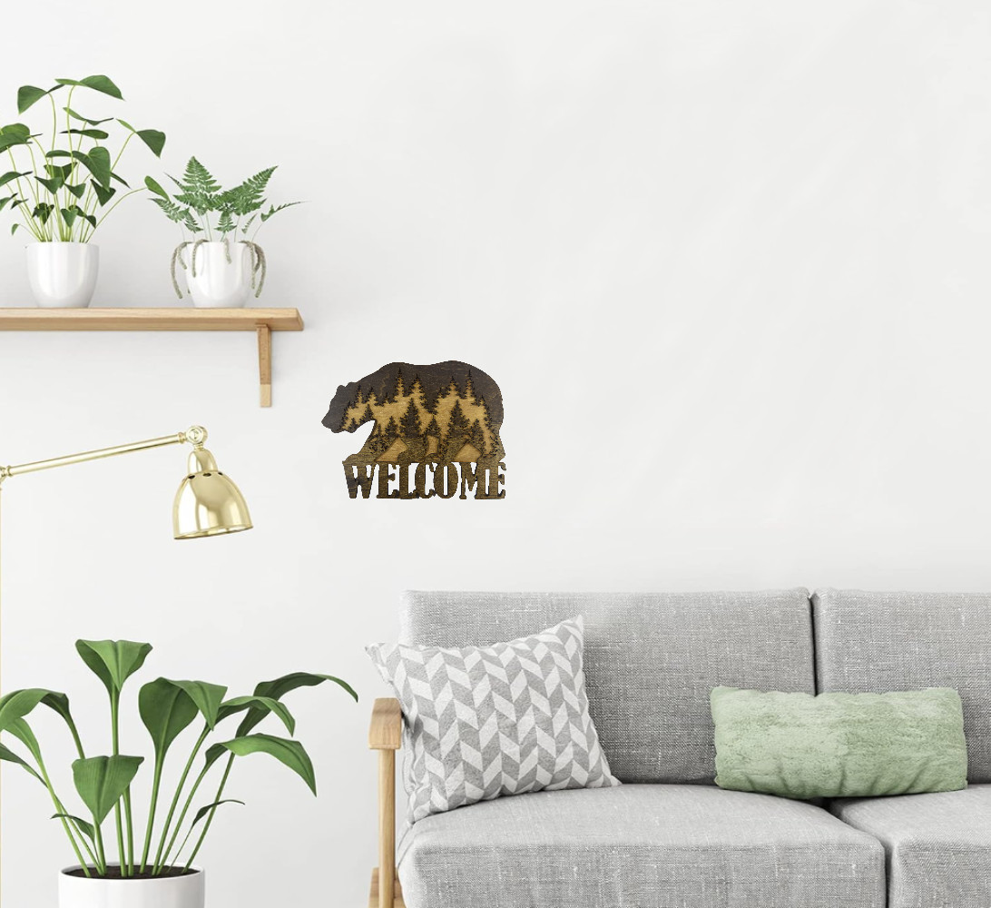 ​Rustic Bear with Wilderness Welcome Sign Laser Cut Dark Walnut and Golden Oak gallery