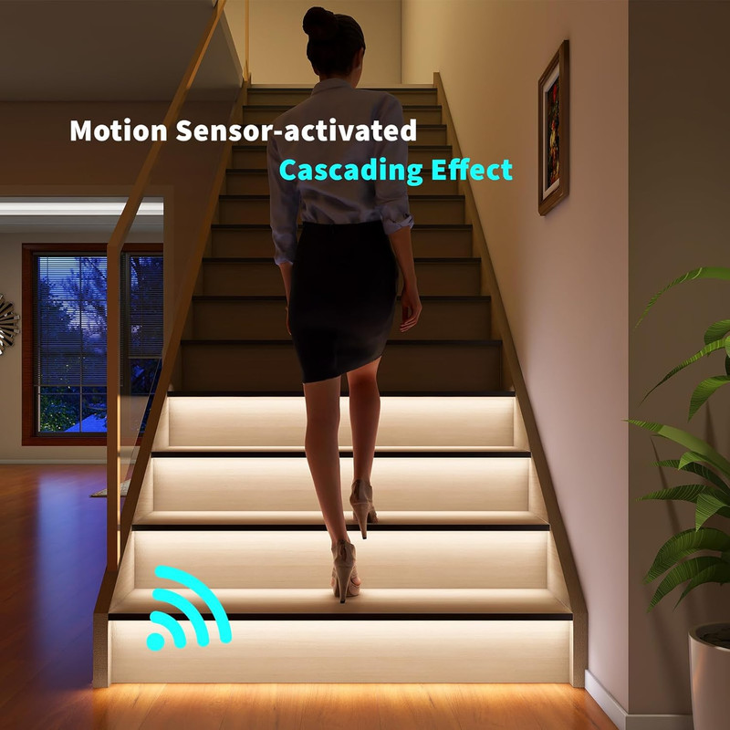 Smart Motion Sensor LED Stair Lights - 16 Steps, Cuttable 40" Strip, Cool White gallery