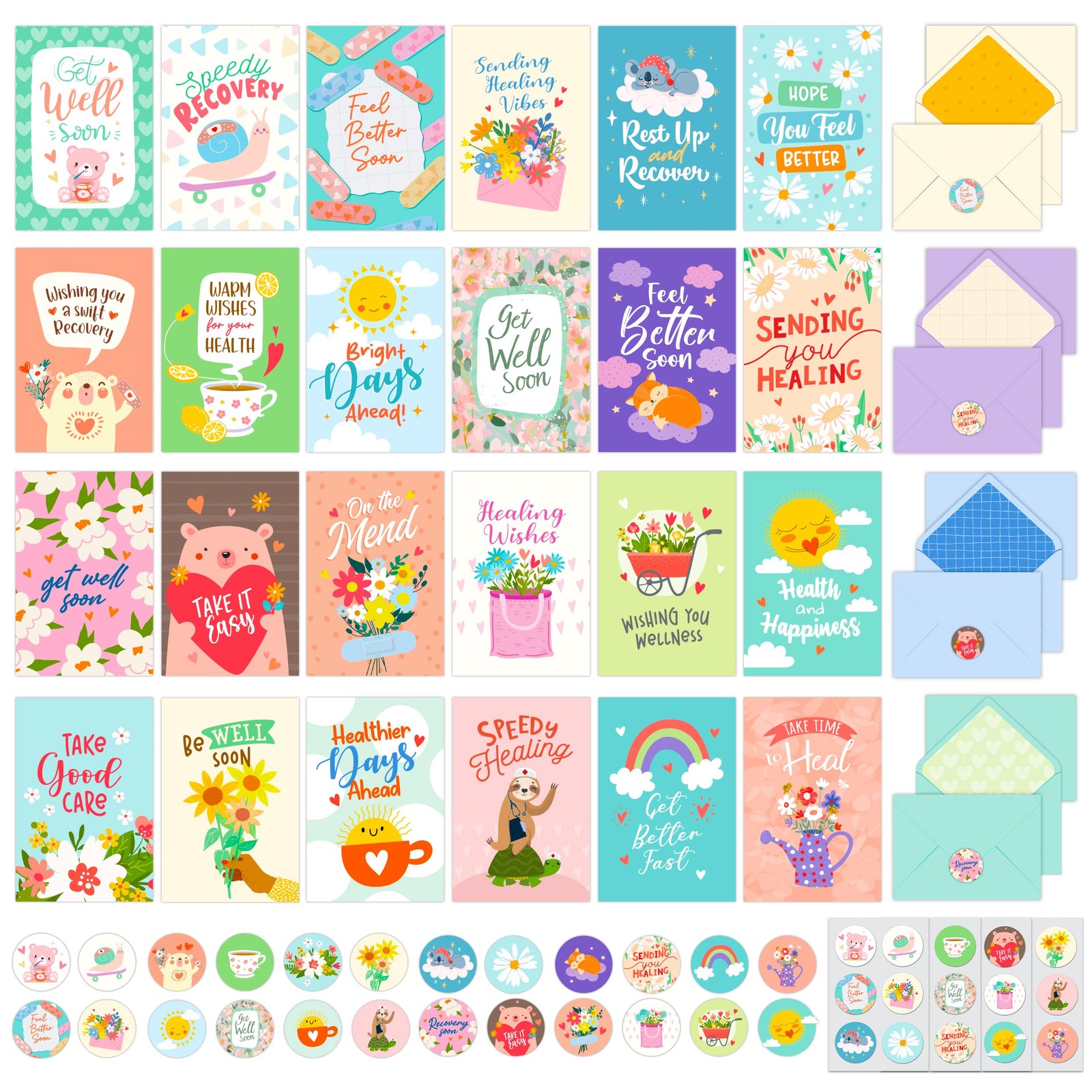 Decorably 24 Pack 4x6in Cute Get Well 4x6 inches, pink, purple, green, blue gallery