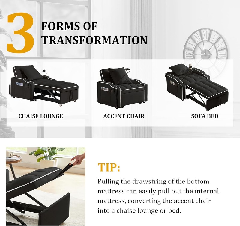 3-in-1 Sleeper Sofa Chair Bed Adjustable Sleeper Chairs with Pull out Bed gallery