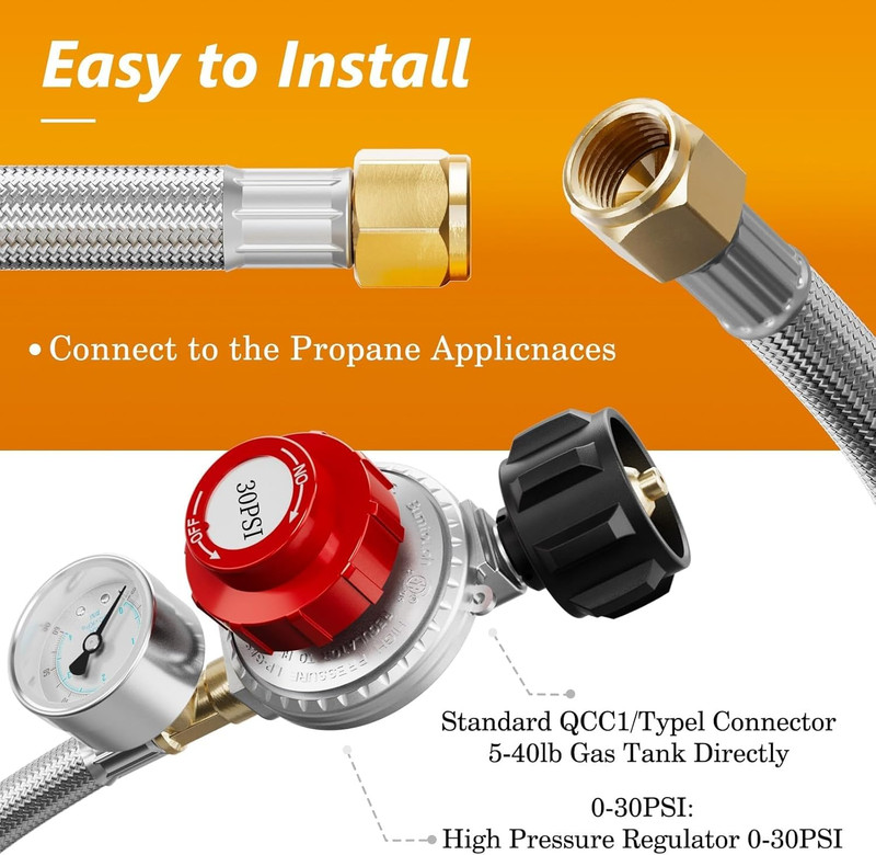 6FT 0-30 PSI Adjustable High Pressure Propane Regulator with 0~60PSI Gauge Gas F gallery