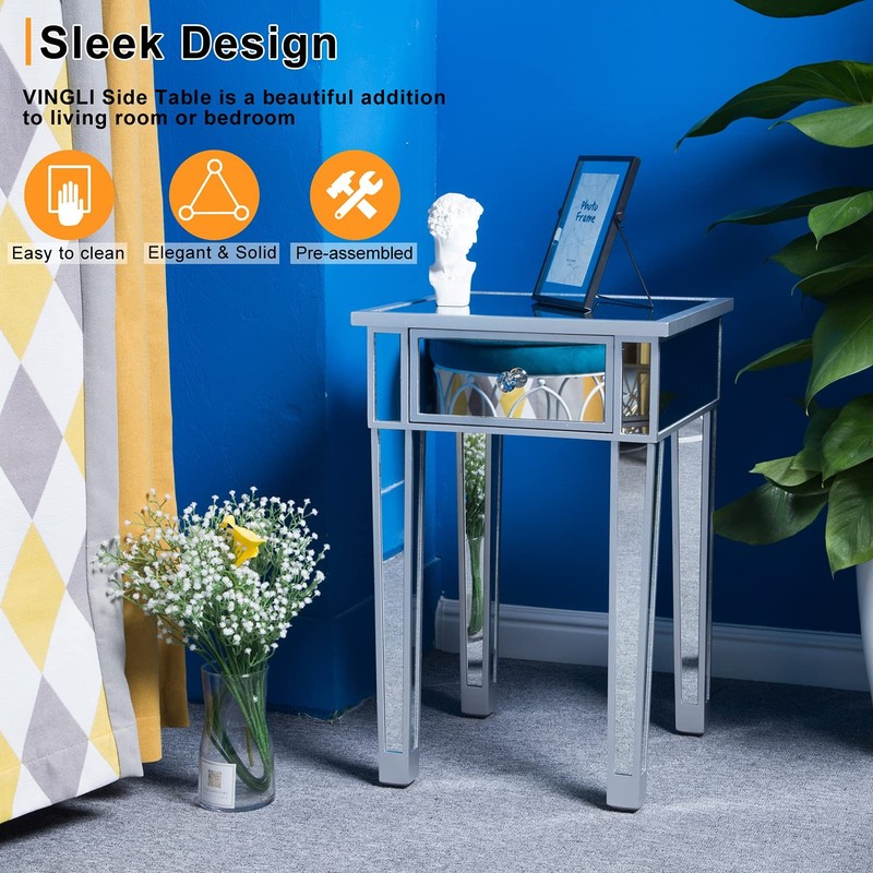 VINGLI Mirrored End Table with Drawer Silver Modern 1 Pack, gallery