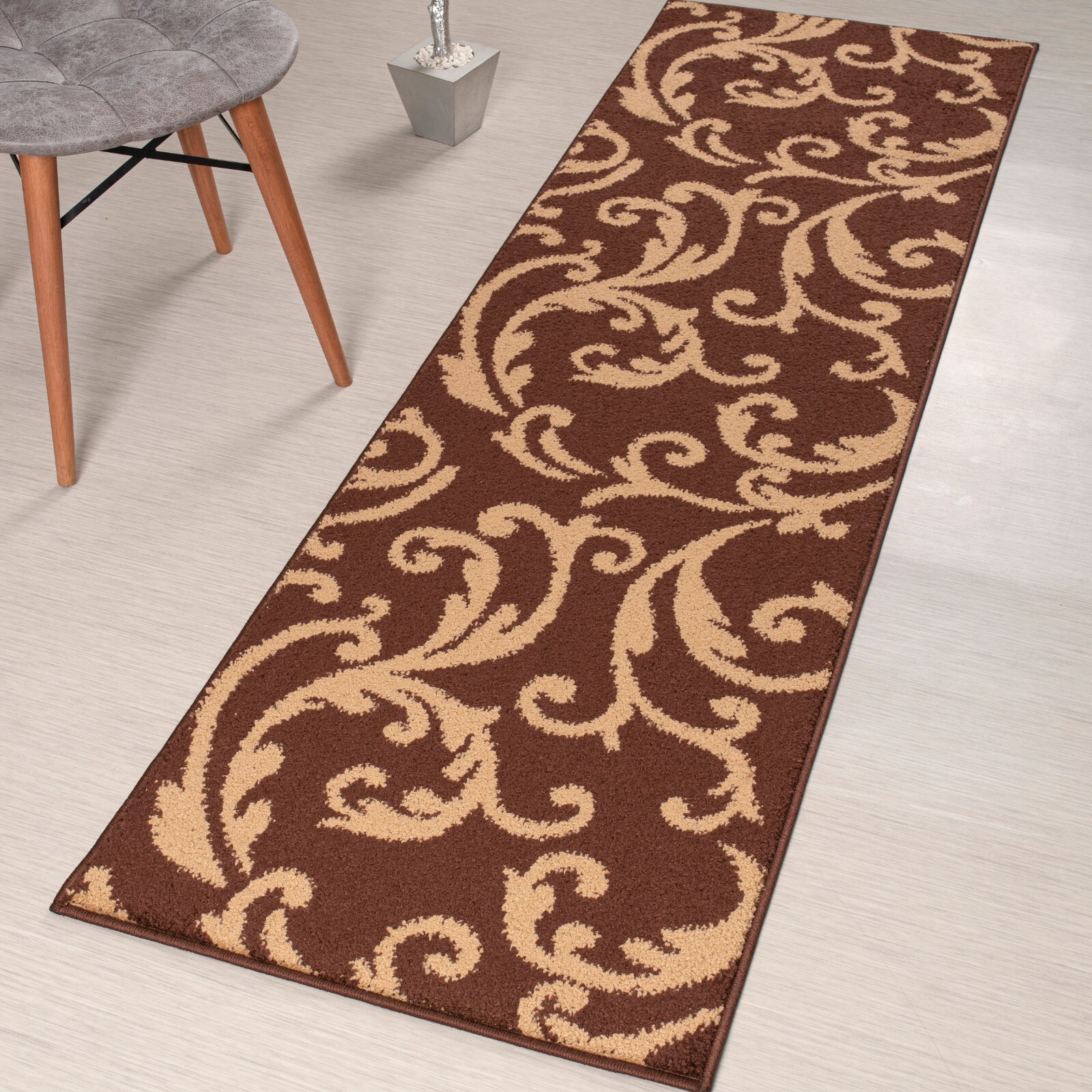 Custom Length Stair Hallway Carpet Runner Rug Non Slip Backing, Floral Brown gallery