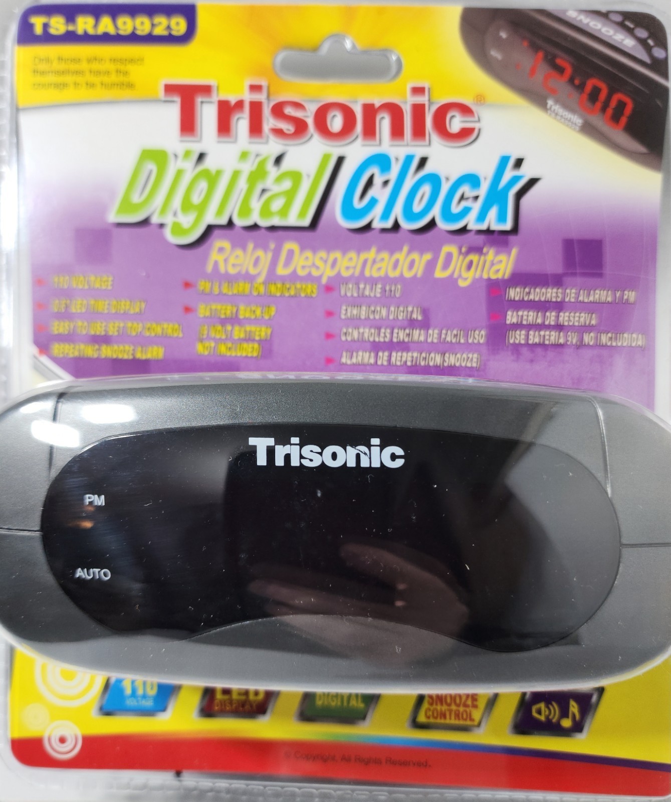 Trisonic Digital Alarm Clock LED Display Snooze Battery Backup gallery