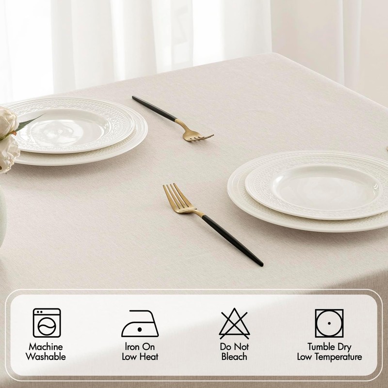 Beige Rectangle Linen Polyester Tablecloth with Decorative Cutouts Spring Wat... gallery