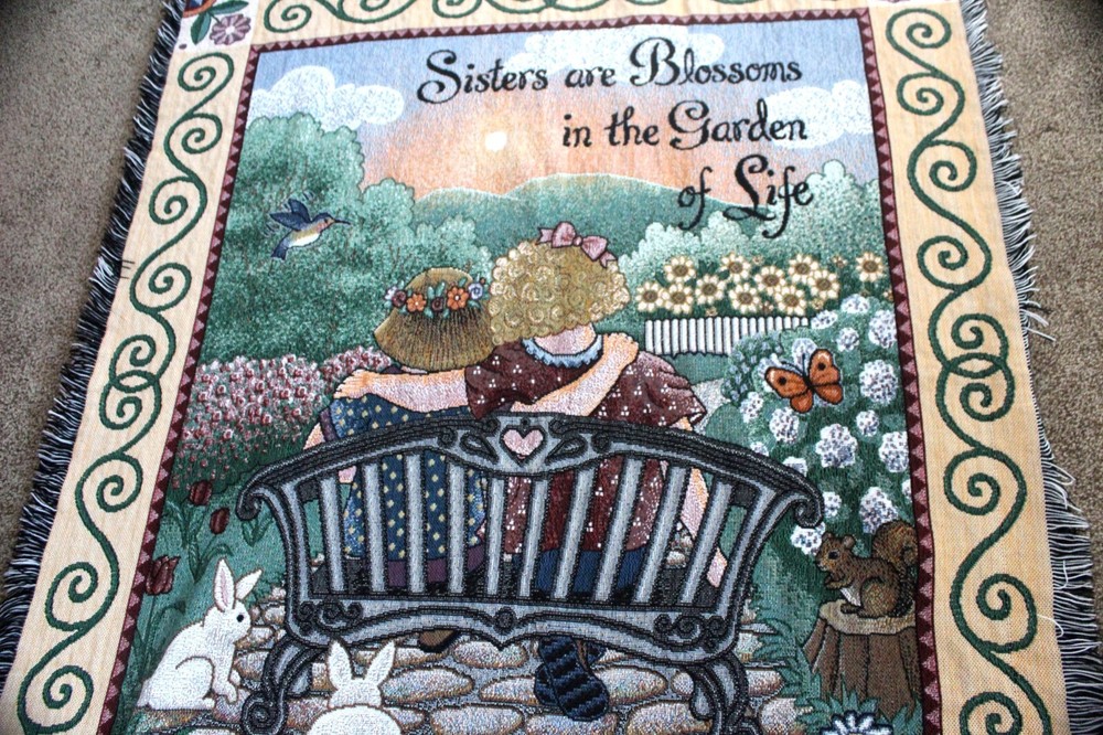 TAPESTRY THROW MULTICOLOR "SISTERS ARE BLOSSOMS IN THE GARDENT" 50 X 57" FLOWERS