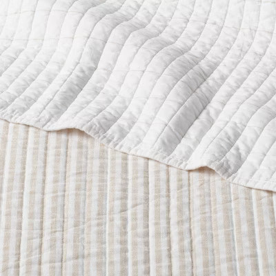 Full/Queen Reversible Cotton Stripe Quilt Khaki - Threshold gallery