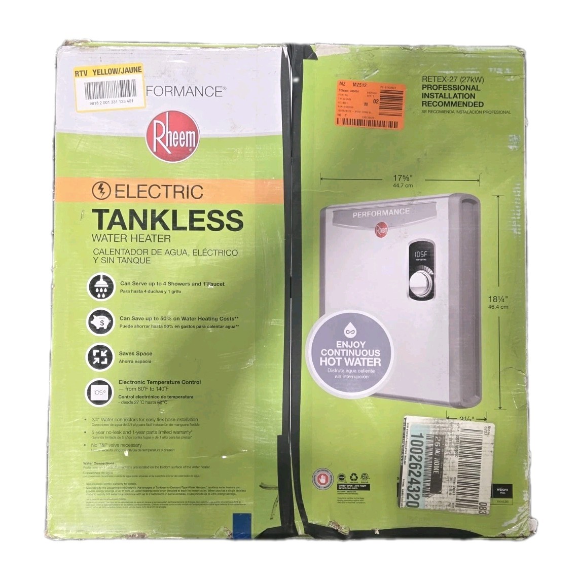 Rheem Performance 27 kw Tankless Electric Water Heater Parts Only As Is gallery