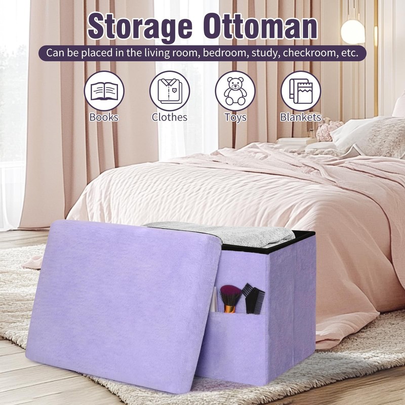 Small Ottoman with Storage, Folding Soft Fur Storage Foot Rest Stool with Thi... gallery