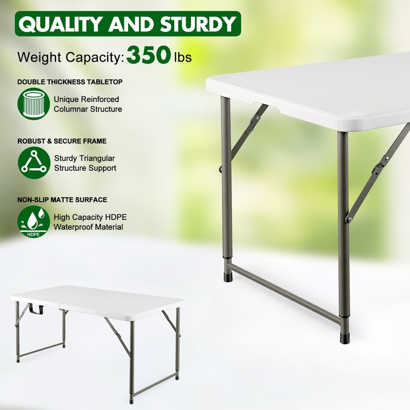 Folding Table Adjustable 4FT Plastic Table Picnic Camping w/Carry Handle White gallery