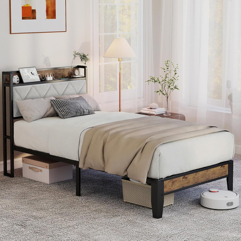 Upholstered Twin Bed Frame with USB Charging & Under Bed Storage, No Box Spring gallery