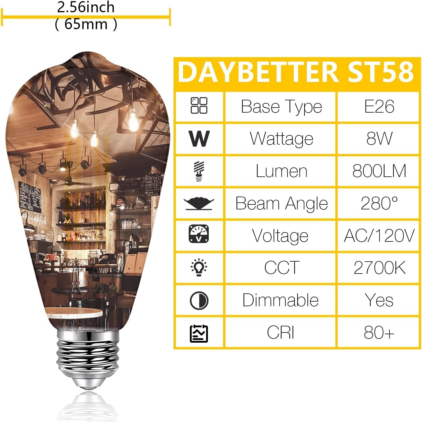 20 Pack Vintage LED Edison Bulbs, 60W Equivalent, ST58, E26, 2700K, 800LM gallery