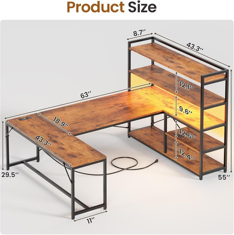 63” Reversible Computer Desk with Power Outlet, Storage Shelves and LED Lights gallery