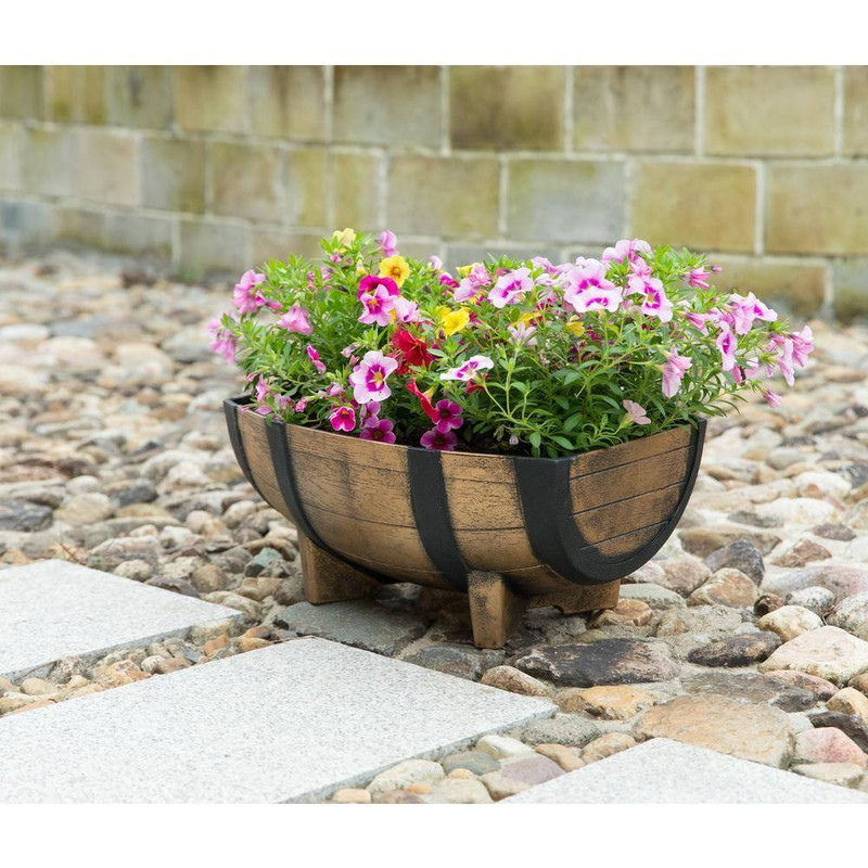 Rustic Wood-Look Plastic Half Barrel Flower Pot Garden Planter (Pack of 2) gallery