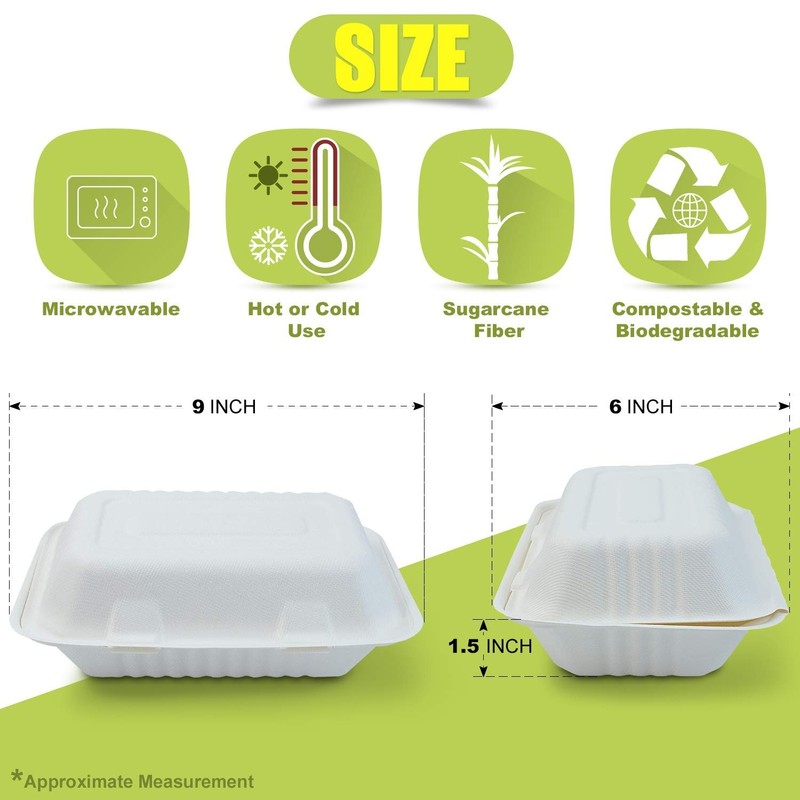 125 Pack 9x6x3 Compostable Clamshell Food Containers Hinged Take Out Boxes gallery