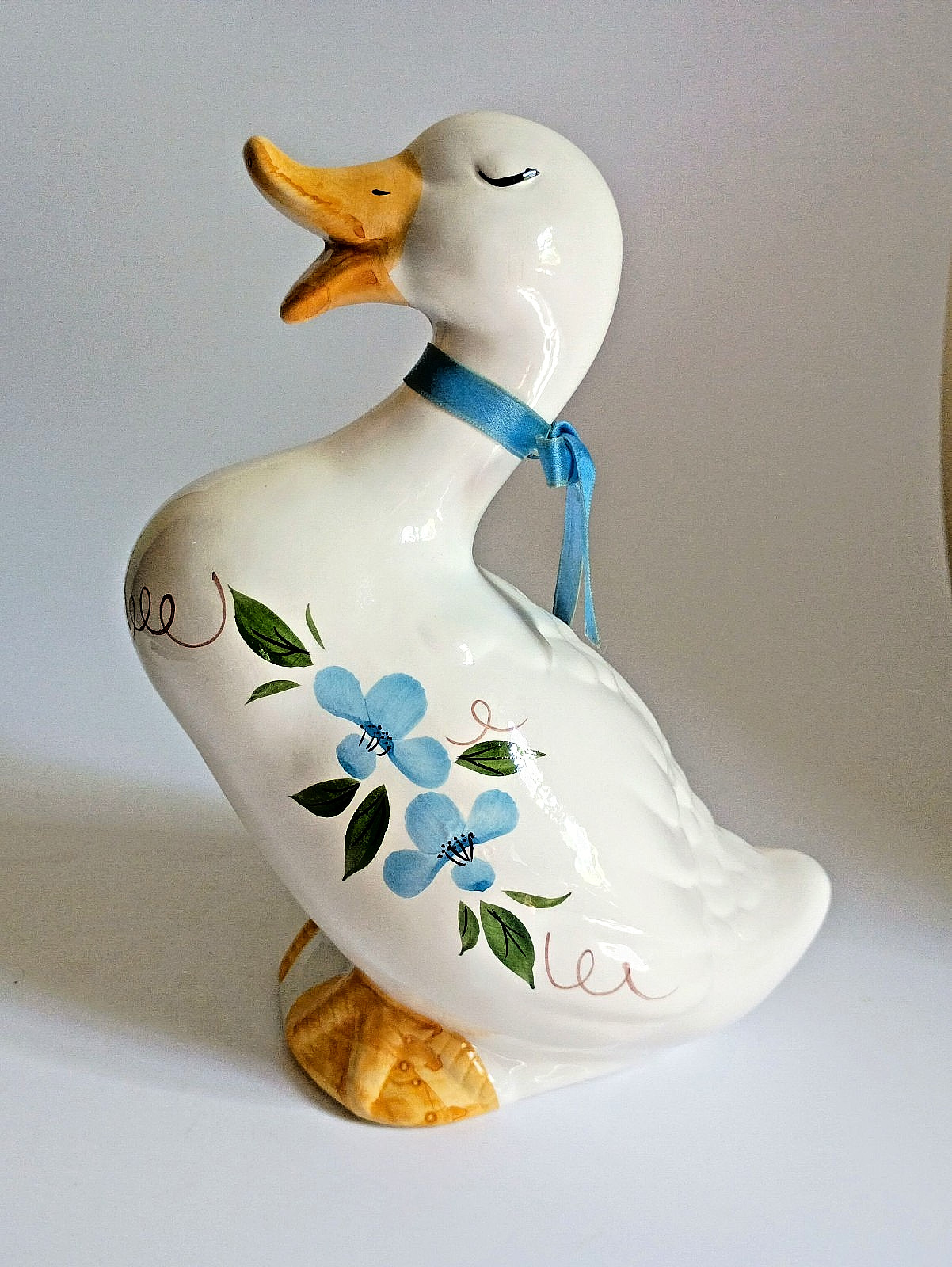 Vintage Ceramic Sitting Duck Goose Hand Painted Blue Floral Figurine 8" Country gallery