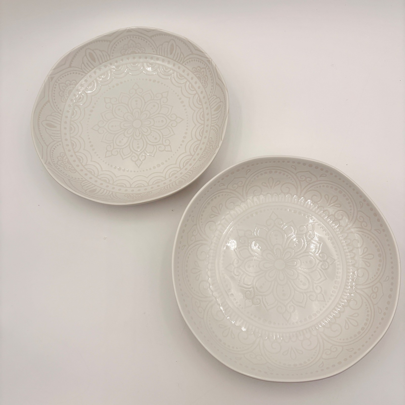 Set of 2 Ceramic Bowls Mandala Pattern Beige Neutral Rustic Farmhouse Soup Pasta gallery