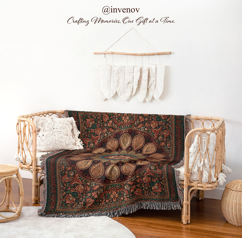 Persian Style Medallion Woven Throw Blanket, Boho Paisley Mandala Fringe Blanket gallery