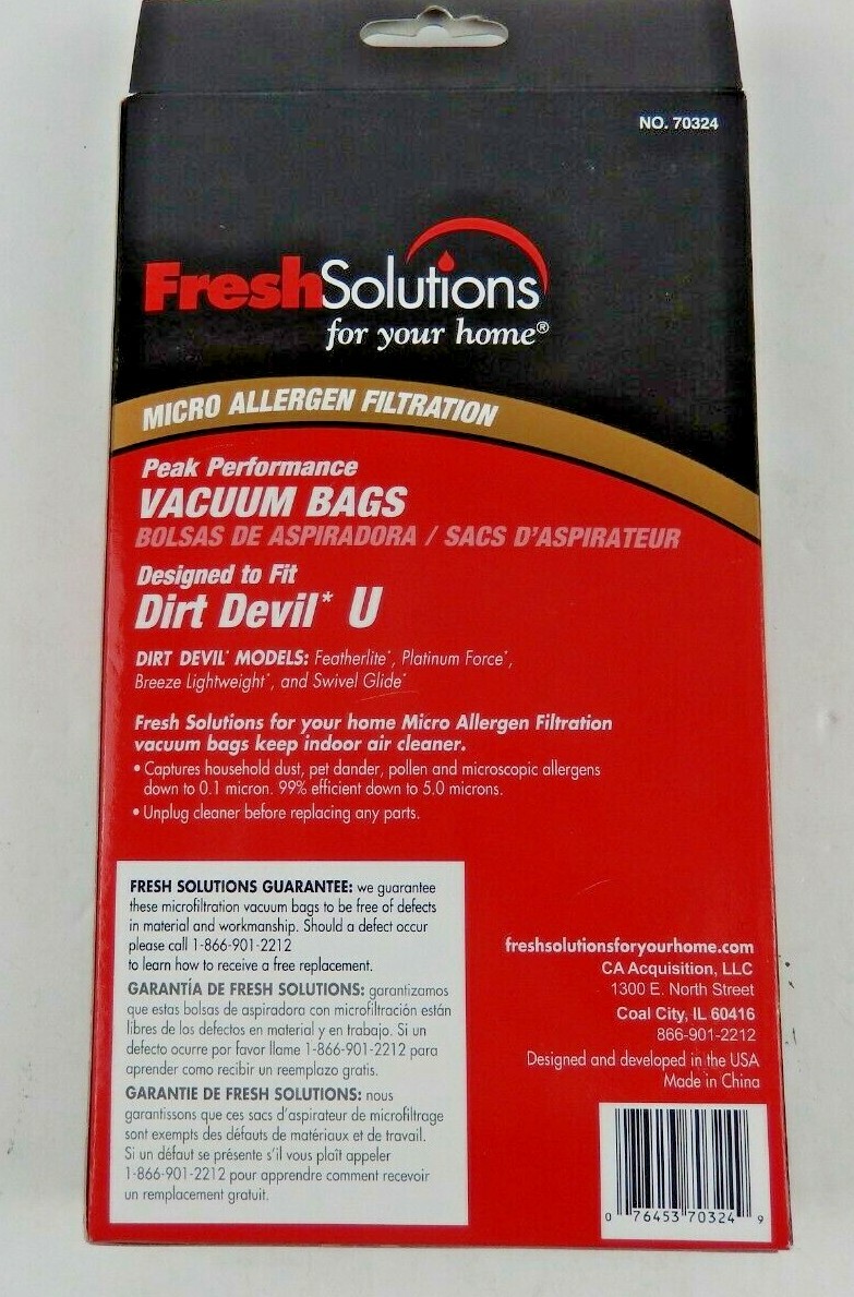 3 Pack Fresh Solutions Micro Allergen Dirt Devil Style U Vacuum Bags See Photo gallery