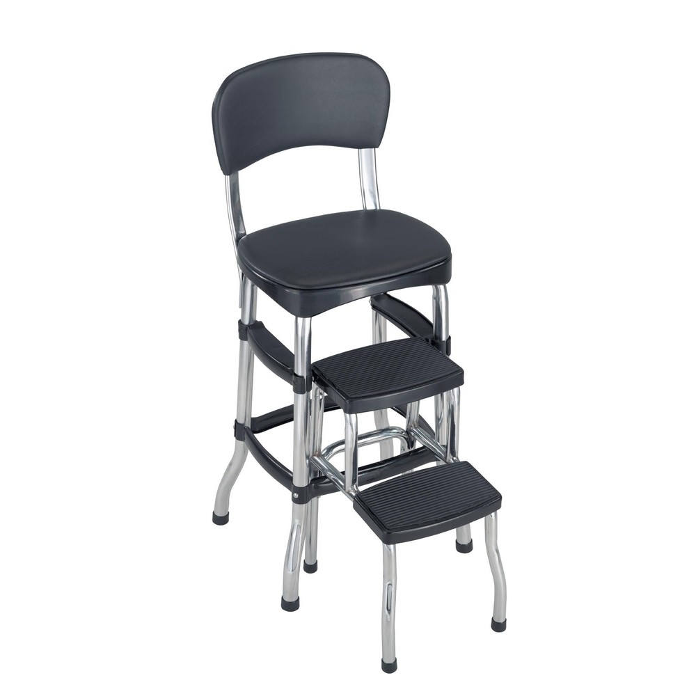 Black Folding Step Stool Kitchen Office Home Chair Back Retro 2 Platform Ladder