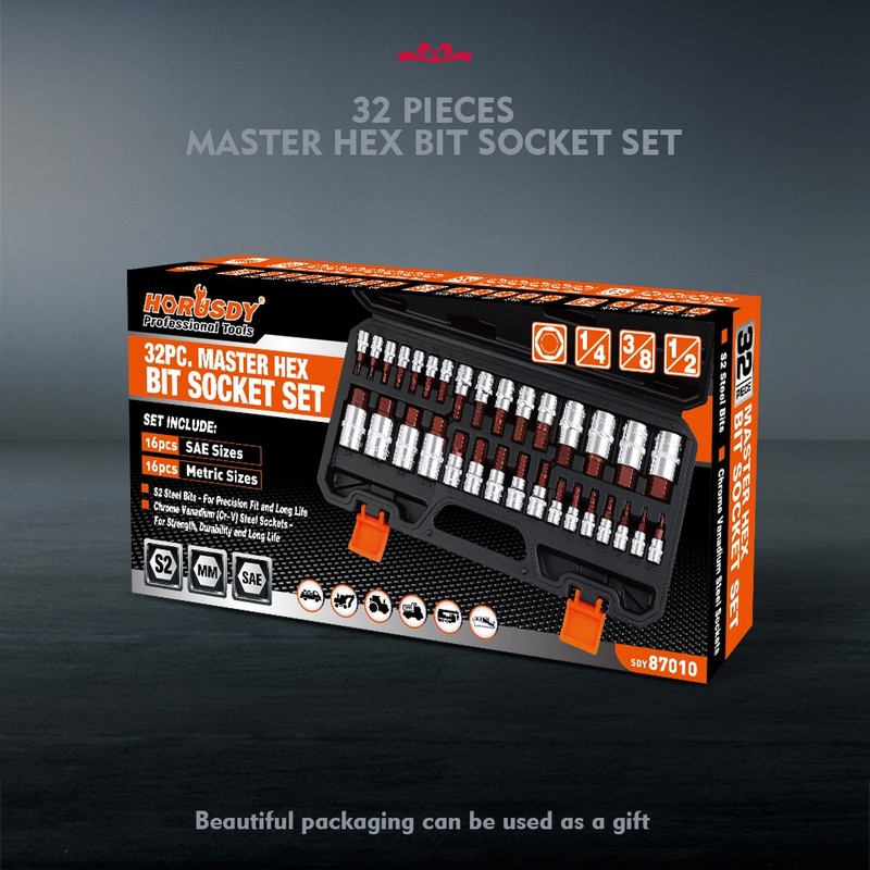 HORUSDY Hex Bit Socket Set 32PC SAE Metric 1/2" 3/8" 1/4" Driver S2 Steel W/Case gallery