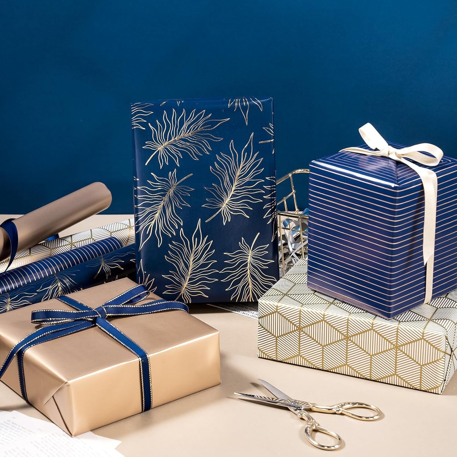 Wrapping Paper Roll - Gold and Navy Print with Cut Lines for Christmas, Birth... gallery