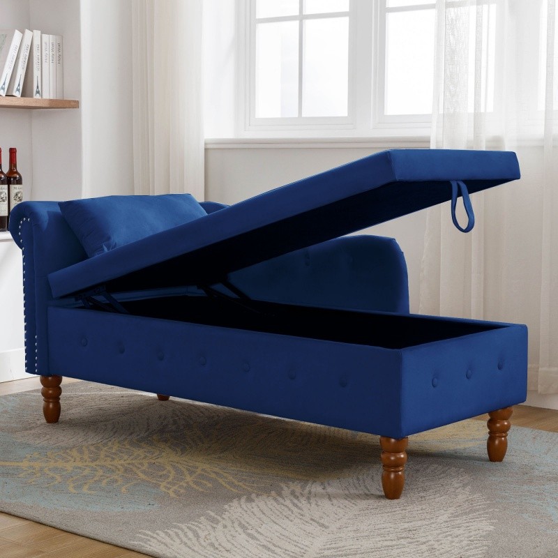 Modern Velvet Button Tufted Chaise Indoor Lounge Chair with Storage & Pillow gallery