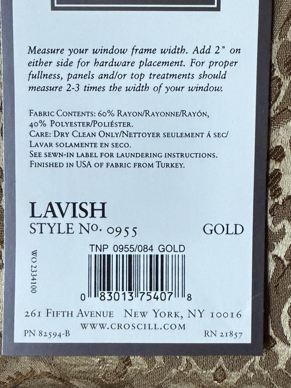 1 NEW Croscill Home *GOLD Lavish TAILORED Curtain PANEL 40” W X 84" L Damask gallery