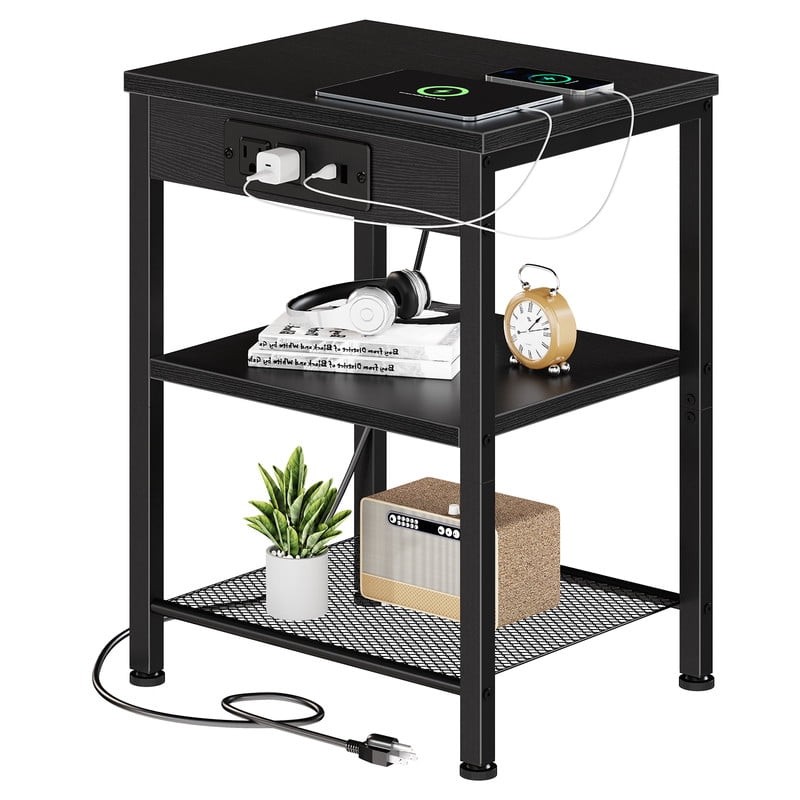 Gianna Small Side Table – 15.7", Charging Station, 3-Tier, Black gallery