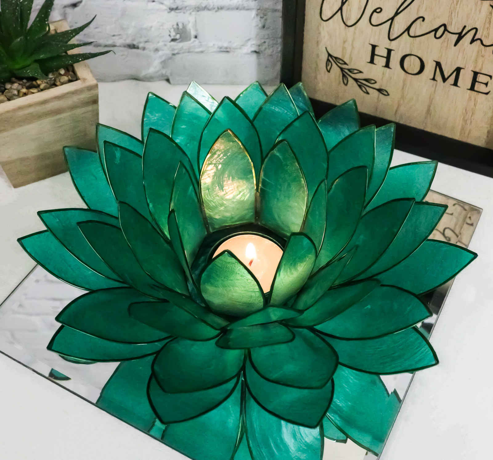 Teal Green Capiz Seashells Lotus Flower Votive Tea Light Candle Holder 8.5"D gallery