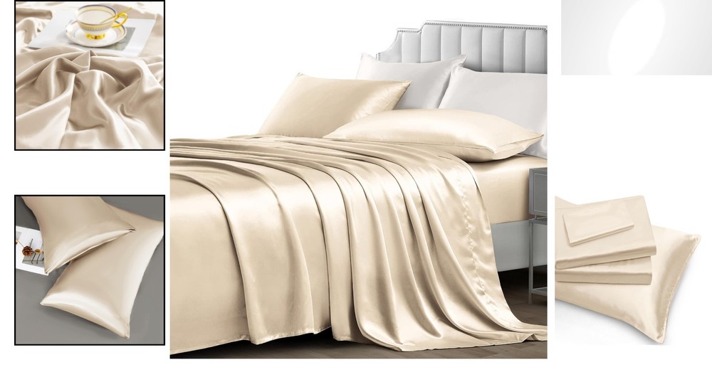 4 Pcs Smooth Satin Silk Sheet Set Deep Pocket Bed Sheet Wrinkle Fade Resistant