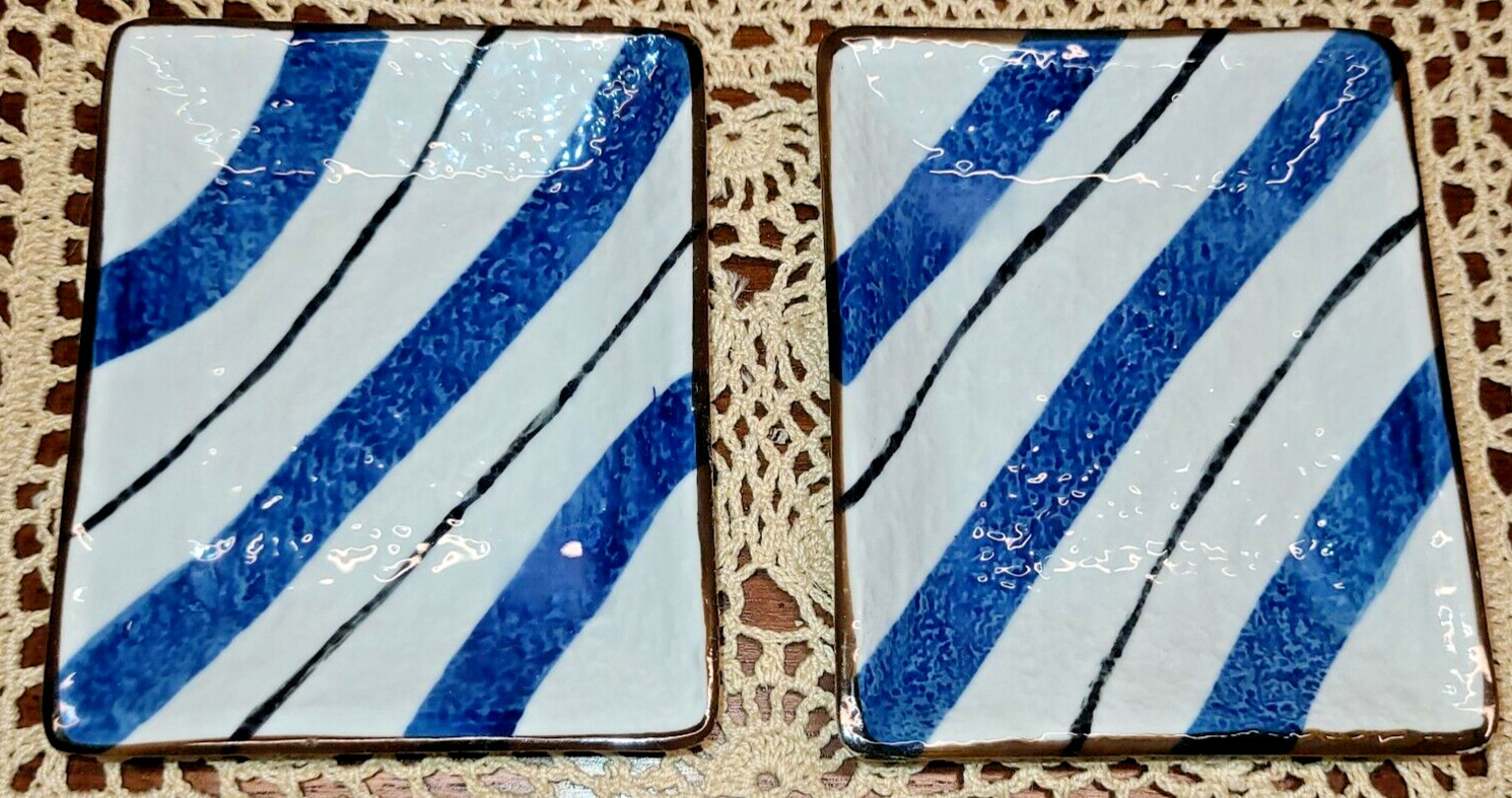2 Vintage Ceramic Blue White Black Rectangular Striped Trinket Dishes Coasters gallery